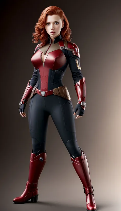 ((full body shot, standing, feet on the ground))  (masterpiece), (best quality), (photorealistic:1.3), 8k, detailed skin texture, detailed cloth texture, beautiful detailed face, intricate details, ultra detailed, scarlett johansson, Black Widow in the sty...