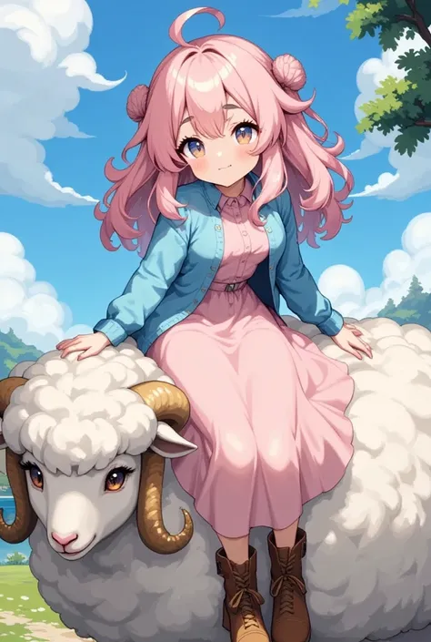 (best quality, high resolution, super detailed), sheep, young woman, hair\(sheep wool\), pink hair, fluffy hair, thick eyebrows,...