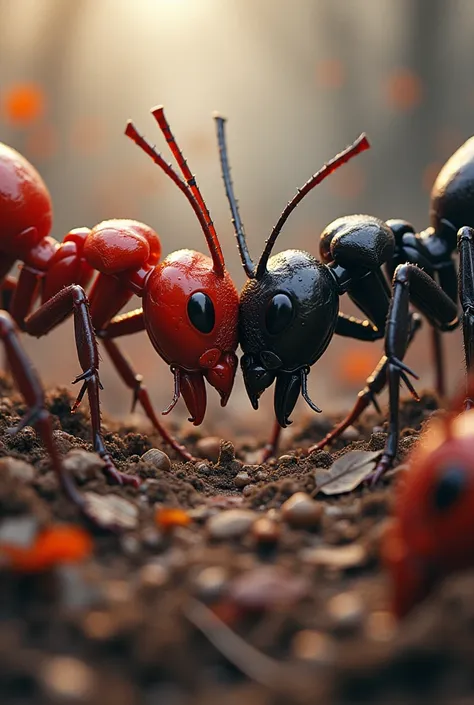 final battle moment of red and black ants war, intricate detailed, massive debris