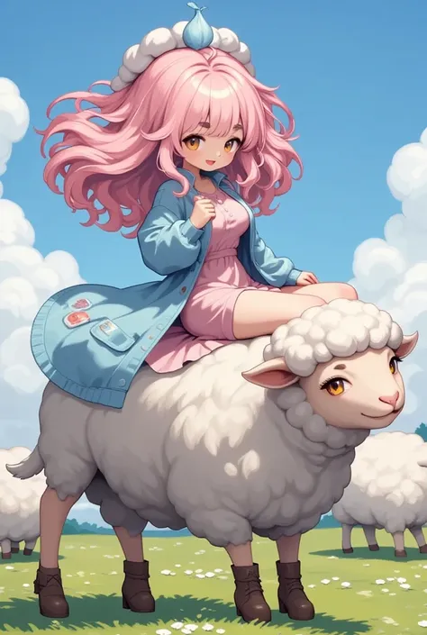 (best quality, high resolution, super detailed), sheep, young woman, hair\(sheep wool\), pink hair, fluffy hair, thick eyebrows,...