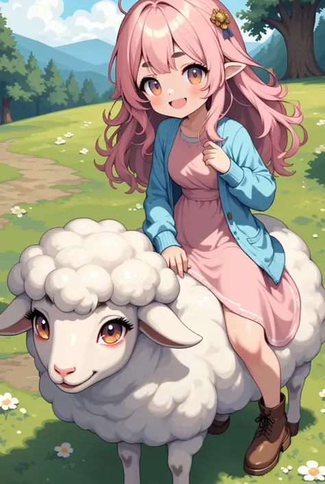 (best quality, high resolution, super detailed), sheep, young woman, hair\(sheep wool\), pink hair, fluffy hair, thick eyebrows,...