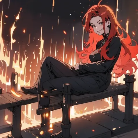 arafed woman with red hair and piercings sitting on a bench, 4k anime style, [[[[grinning evily]]], anime badass 8 k, evil smile...