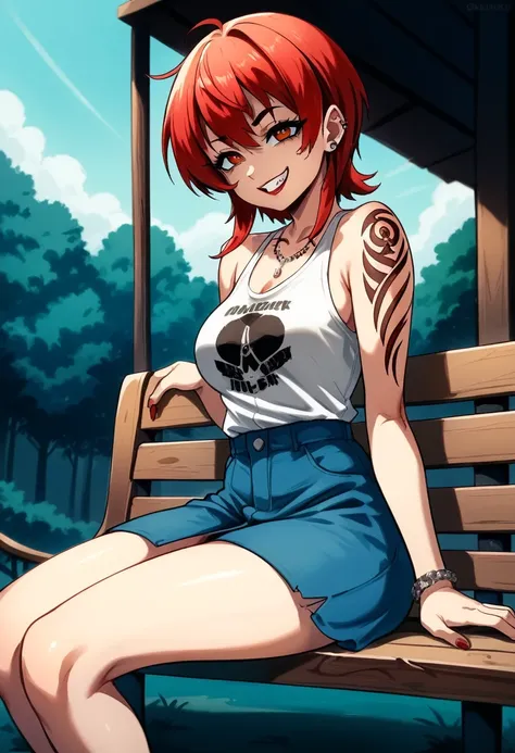 arafed woman with red hair and piercings sitting on a bench, 4k anime style, [[[[grinning evily]]], anime badass 8 k, evil smile...