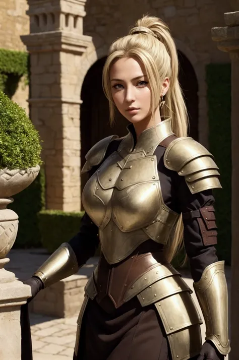 italian woman, break: leina vance reference, temari reference, detailed face, blonde, two ponytail hairstyle, confiant, tall , hot woman ,brown eyes, strong woman, armored, sexy, full body, background in garden of castle
 