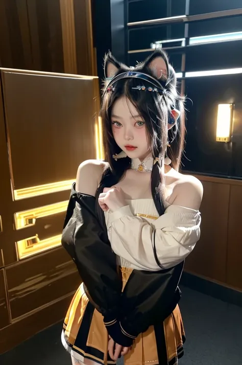 masterpiece、Highest quality、cinema、(Details of both eyes)、(cute thai woman、shill:1.3)、23 years old、1 girl、Elegant、Black hair、Cyberpunk、Van Gogh style、(Aura image:1.4)、(Cat ears、Cosplay、Sexy school girl outfit:1.4)、Poland、Folded arms, cute, Flat chest