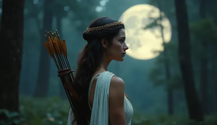 Create an ULTRA REALISTIC image of Artemis facing the screen, face exposed, loose white dress, gold threads on the head, leather belt with his bow and arrow, in a night forest setting, illuminated by the full moon, symbolizing the inner strength to move fo...