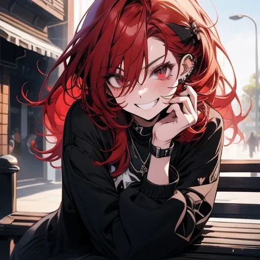 arafed woman with red hair and piercings sitting on a bench, 4k anime style, [[[[grinning evily]]], anime badass 8 k, evil smile...