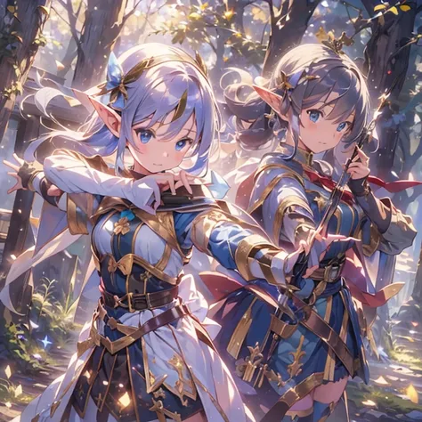 (masterpiece:1.2),(anime),(Medieval Background),(Elf Sisters)、((Preparing the bow)),((Shooting a bow))、Rogue Outfit、(Shooter)、In the woods、((Fantasy)),Fantasy、cute、Light effects