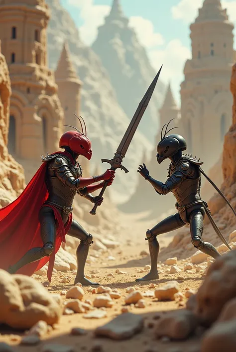 final battle moment of red ants warrior and black ants soldier epic war, armors and weapons, sand castles and micro ant building ruins, micro catapult, intricate detailed, massive debris