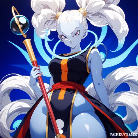 Masterpiece, Best quality, perfection, Marcarita (Dragon Ball Super), accurate, purple eyes, perfect face, perfect body, white hair ( high twin tails), blue skin, thick thighs, accurate staff, volumetric lighting, god realm, detailed background