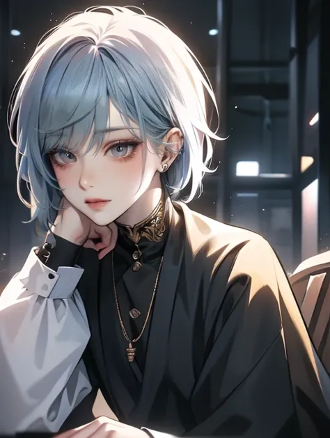 One Beautiful Boy、Hairstyle with light golden color and black end color、Light blue colorcon、small face、anime makeup、"A man with a cute and androgynous face"、white skin、cute eyes、Very thin eyebrows、tall、stylish black gothic fashion、long sleeves long pants、W...