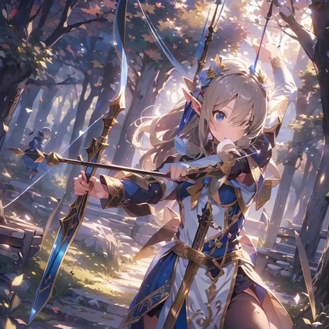 (masterpiece:1.2),(anime),(Medieval Background),(Elf Sisters)、((Preparing the bow)),((Shooting a bow))、Rogue Outfit、(Shooter)、In the woods、((Fantasy)),Fantasy、cute、Light effects