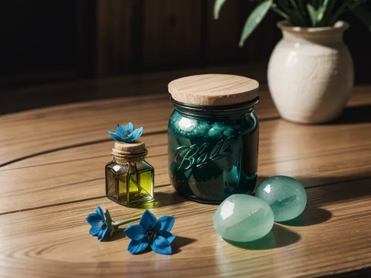 several jade gemstones on a wooden table and a jar of blue flowers on the table