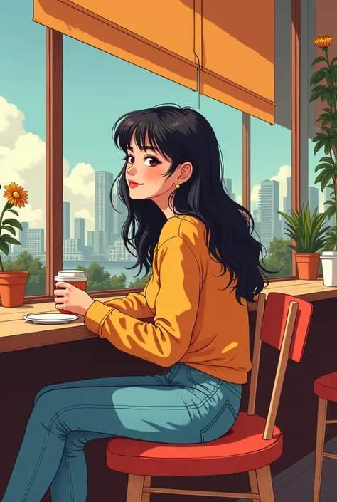 a girl sitting in the cafe, comic, graphic illustration, comic art, graphic novel art, vibrant, highly detailed, colored, 2d minimalistic