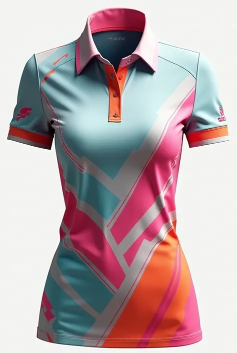 Design a chic, trendy, and modernized golf polo shirt for women that exudes fearless boldness and embodies the spirit of a champion. The shirt should feature patterns or lines in two vibrant colors that blend and complement each other, strategically placed...