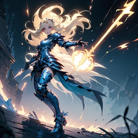 (((masterpiece, best quality, high detailed, 16k))) (1girl) A strikingly powerful goddess with short, spiky platinum blonde hair and electrifying blue eyes. She wears a sleek, metallic armor that crackles with electricity, adorned with lightning motifs. He...