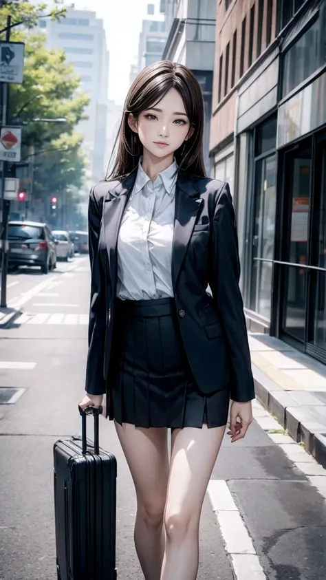 Asian woman wearing a skirt and high heels leaning on a suitcase,A 20-year-old woman wearing a skirt suit, she世界で最も美しい女優である., Her detailed face, The perfect balance of her body, she上半身にシャツを着て、Wearing a fitted blazer and skirt suit。., Perfect shape of cover...