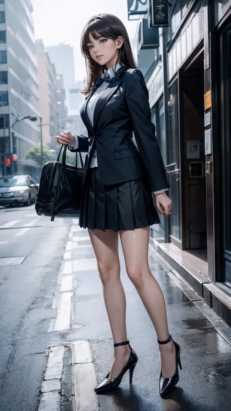 Asian woman wearing a skirt and high heels leaning on a suitcase,A 20-year-old woman wearing a skirt suit, she世界で最も美しい女優である., Her detailed face, The perfect balance of her body, she上半身にシャツを着て、Wearing a fitted blazer and skirt suit。., Perfect shape of cover...