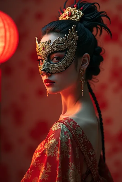 a beautiful woman wearing a chinese hanfu mask covering her entire face, detailed facial features, intricate ornate mask, ornate and luxurious hanfu dress, elegant and graceful pose, dramatic lighting, cinematic atmosphere, vibrant colors, highly detailed,...