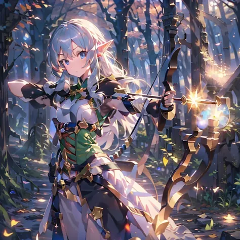 (masterpiece:1.2),(anime),(Medieval Background),(Elf Sisters)、((Preparing the bow)),((Shooting a bow))、Rogue Outfit、(Shooter)、In the woods、((Fantasy)),Fantasy、cute、Light effects