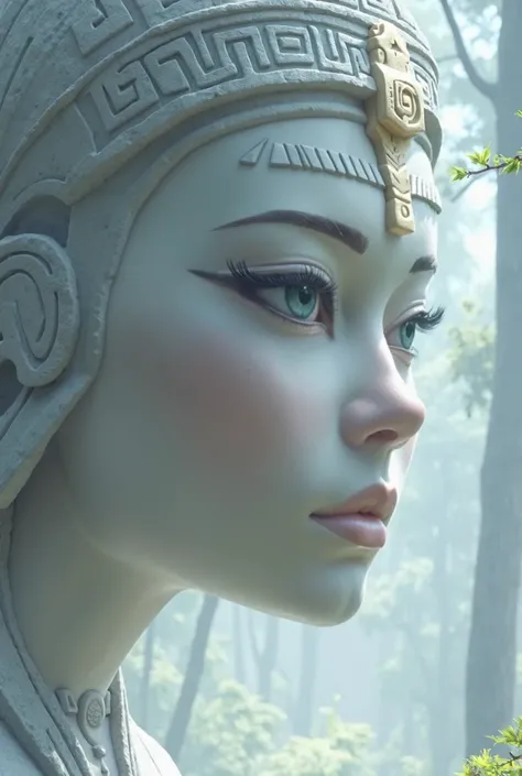 there is a large stone statue in the middle of a forest, stone eyes, unreal maya, cinematic imax footage, by Jang Seung-eop, Inca style, cybertronic Hindu temple, face close-up, playstation 3, autodesk, marvel movie still, tombs  