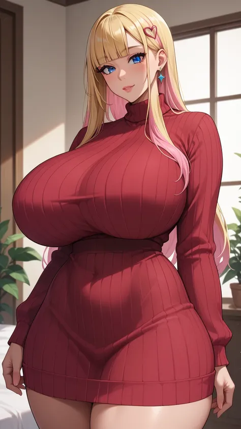 Score_9, Score_8_up, Score_7_up, Score_6_up, Score_5_up, Score_4_up, Source_anime, Tag1, Tag2, quality_masterpiece, Anatomically correct, Huge breasts, Wide hips, Huge butt, Thick thighs, Young female, Long hair, Blonde hair, two-tone hair, Pink hair, Blun...