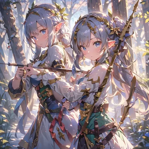 (masterpiece:1.2),(anime),(Medieval Background),(Elf Sisters)、((Preparing the bow)),((Shooting a bow))、Rogue Outfit、(Shooter)、In the woods、((Fantasy)),Fantasy、cute、Light effects