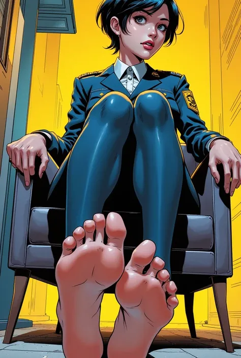 Comic style of a beautiful girl with short hair, very tight police sexy suit, bare feet, sitting on a chair showing feet, feet focus, perspective 