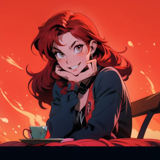 arafed woman with red hair and piercings sitting on a bench, 4k anime style, [[[[grinning evily]]], anime badass 8 k, evil smile...