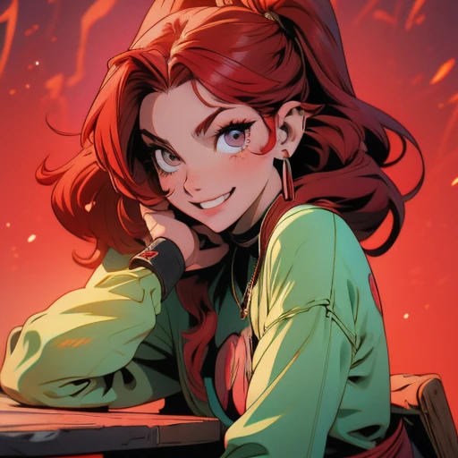 arafed woman with red hair and piercings sitting on a bench, 4k anime style, [[[[grinning evily]]], anime badass 8 k, evil smile...