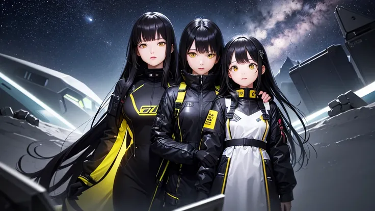 from future intelligence、background technology、complex mission, unexpected idea, result sudden, confident look、space black pioneer dress、yellow eyes、black hair