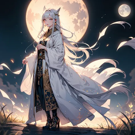 quality, high detailed, 16k))) (1girl) A radiant goddess with long flowing white hair and piercing golden eyes, dressed in shimmering white robes that glow under the full moon. Her body is adorned with silver ornaments, and a glowing orb of moonlight float...