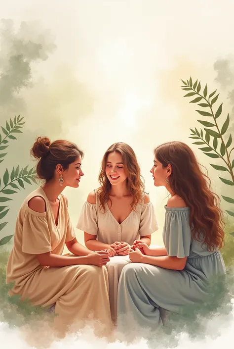 A pastel-toned watercolor painting style image of a circle of women talking