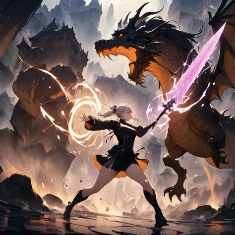 Battle between a dragon and a female magical swordsman who is imbued with magical powers　in a miniskirt,{{masterpiece}}, {{{Highest quality}}},{{Very detailed}},,Dynamic composition, action