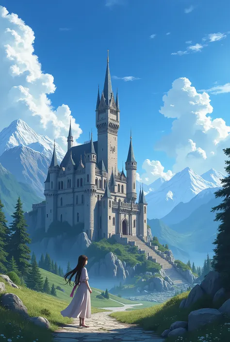 medieval castle animation style violet evergarden with mountains and blue sky
