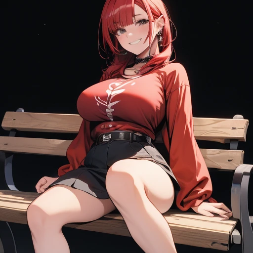 Arafed woman with red hair and piercings sitting on a bench, 4k anime style, [[[[grinning evily]]], anime badass 8 k, evil smile, crazy smile, anime wallpaper 4k, anime wallpaper 4k, anime art wallpaper 4k, anime art wallpaper 4k, detailed digital anime ar...