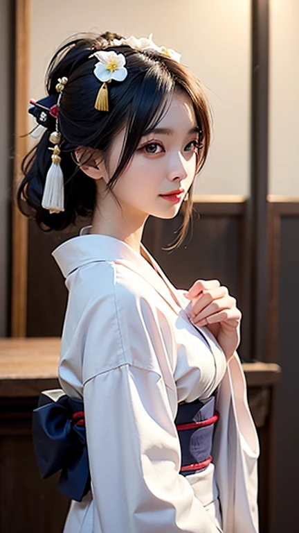 (Tabletop, Please redeem:1.4), Beautiful Face, 8k, 85mm, Absurd, (white kimono、kimono、Shrine maiden:1.4), Show your whole body, Side angle、Show me your shoulders,Clevis of the breast、To the camera、  Gardenia, Delicate girl, Alone, night, Looking at the aud...