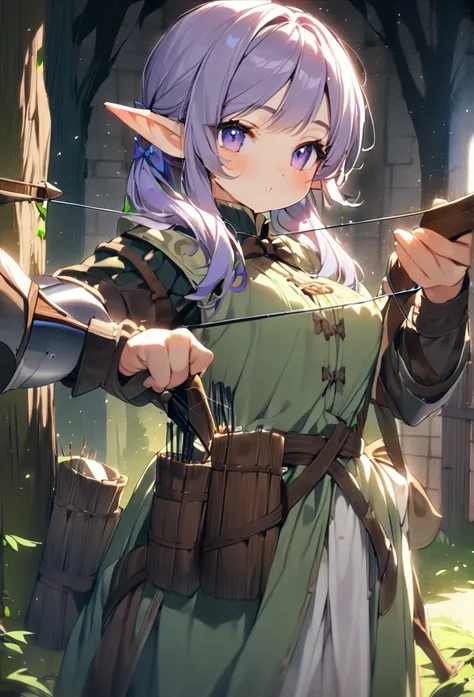 (masterpiece:1.2),(anime),(medieval background),(elf sisters)、((preparing the bow)),((shooting a bow))、rogue outfit、(shooter)、in...