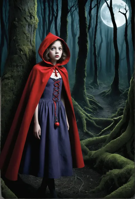 A whimsically dark depiction of Little Red Riding Hood in the style of Tim Burton with her wide, innocent eyes, wearing her signature red cape, walking through a twisted, eerie forest. | This is a dark fantasy inspired image that shows Red Riding Hood surr...