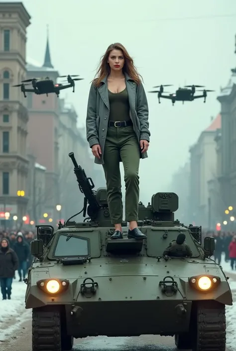 A russian military parade in a damaged city, 1 russian BMP-4 tracked ry Fighting Vehicle armed with 125mm Cannon Turret, 1 white Russian Woman with beautiful detailed green eyes, beautiful detailed dark red lips, extremely detailed face and long eyelashes,...