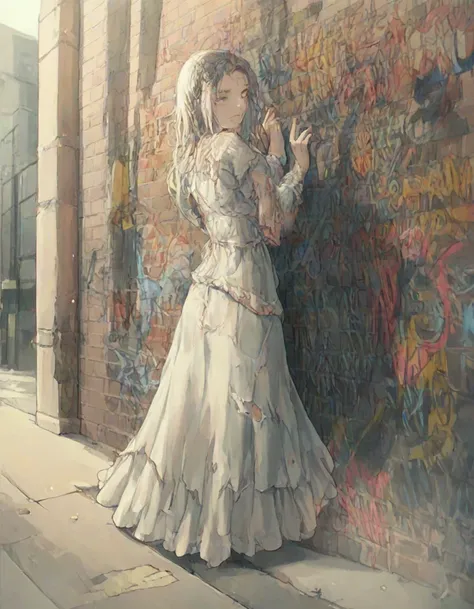 photo, (torn, ripped, fringed dress), street, (22 year old girl),   (Elegant chignon),(a discovery of a parallel dimension at the background:1.5),  (apocalyptic wasteland), (Leaning against a graffiti-covered wall, looking cool and urban in a street style ...