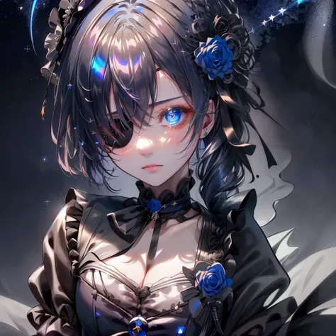 1girl,Handsome face、Face close-up、(((The finest details、Best Quality、Masterpiece、Super detailed、High definition、The best composition、Perfect Anatomy)))、Gothic Style、Gothic style、Long eyelashes、（Beautiful Eyes、Super detailedな目）、Black lace eyepatch with rose...