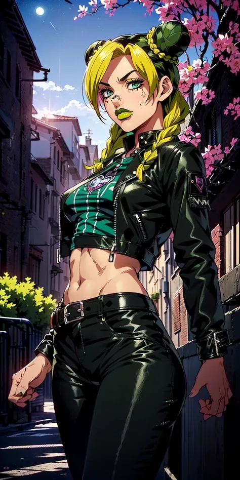 ((masterpiece, 1girl, solo, alone ((jolyne, jolyne_anime, jolyncujoh, colored hair, green hair, yellow hair, hair bun, braided h...