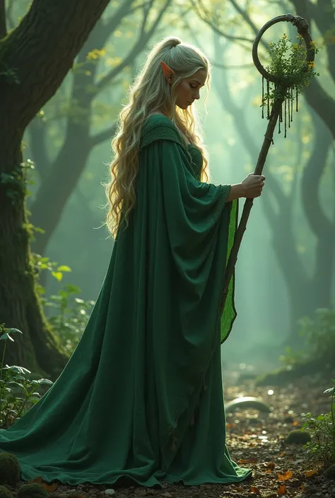 Fullbody shot of a female elf sorceress with a staff, casting a spell in a mystical glade.