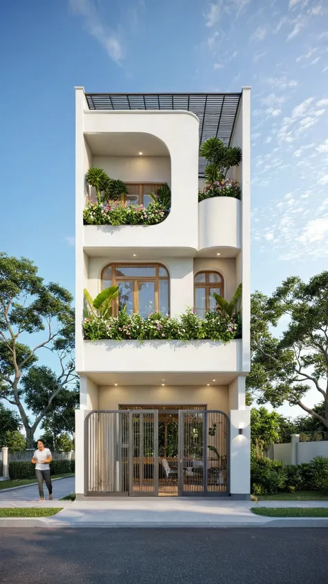 the house has 2 floors and 1 attic with a terrace. tall and narrow, modern design, steel gate and wooden details in harmonious c...