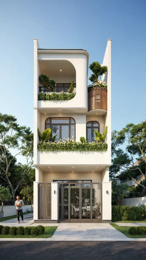 the house has 2 floors and 1 attic with a terrace. tall and narrow, modern design, steel gate and wooden details in harmonious c...