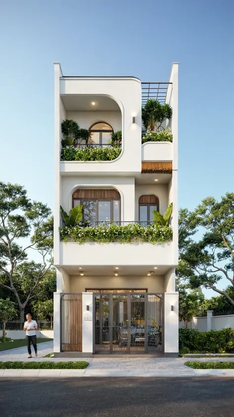 the house has 2 floors and 1 attic with a terrace. tall and narrow, modern design, steel gate and wooden details in harmonious c...