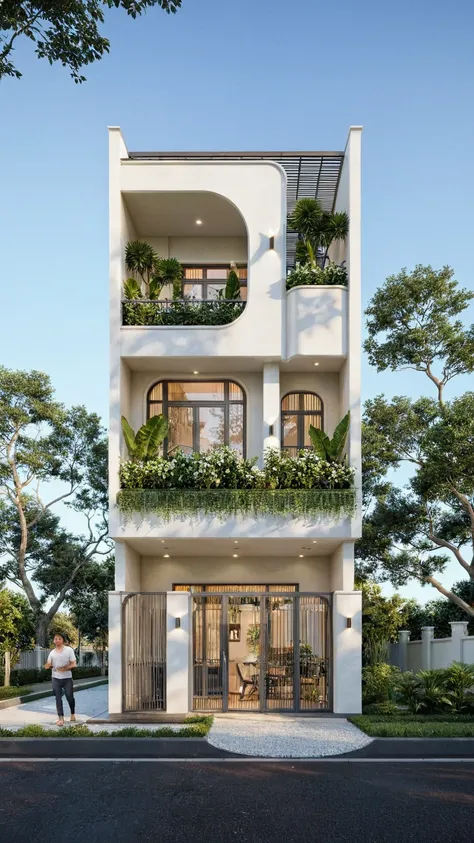 the house has 2 floors and 1 attic with a terrace. tall and narrow, modern design, steel gate and wooden details in harmonious c...