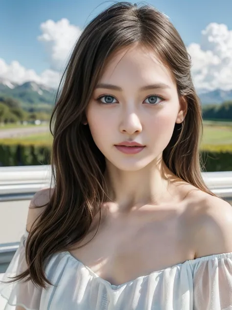 photorealistic, clear background, hyper detailed portrait of a beautiful young woman with piercing blue eyes, flawless skin, delicate features, and flowing layered hair, wearing a transparent white dress, off shoulder, posing outdoors in a scenic landscape...