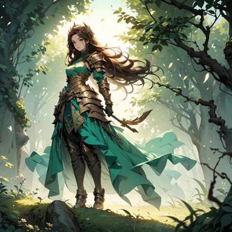 (((masterpiece, best quality, high detailed, 16k))) (1girl) A powerfully grounded goddess with long, earthy brown hair and deep green eyes. She wears an armor made of living wood, vines, and stone, with flowers blooming across her form. Her presence is as ...